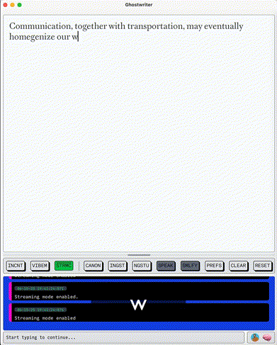 A screen animation of Ghostwriter in Streaming Completion Mode, a speculative functional prototype that explores collaborative AI interactions.